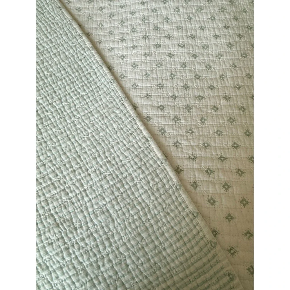 Boho Quilted King Bedding Set White Sage Green Pom Pom Trim Quilt 2 Shams